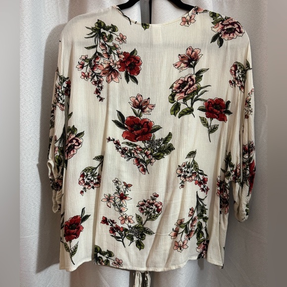 M.FASIS Floral Tie Front Blouse Size XL | Cream Red Flower Boho Top - Picture 4 of 7